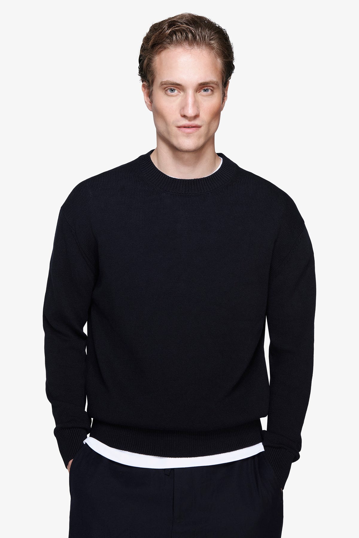 Pull bleu à col rond uni