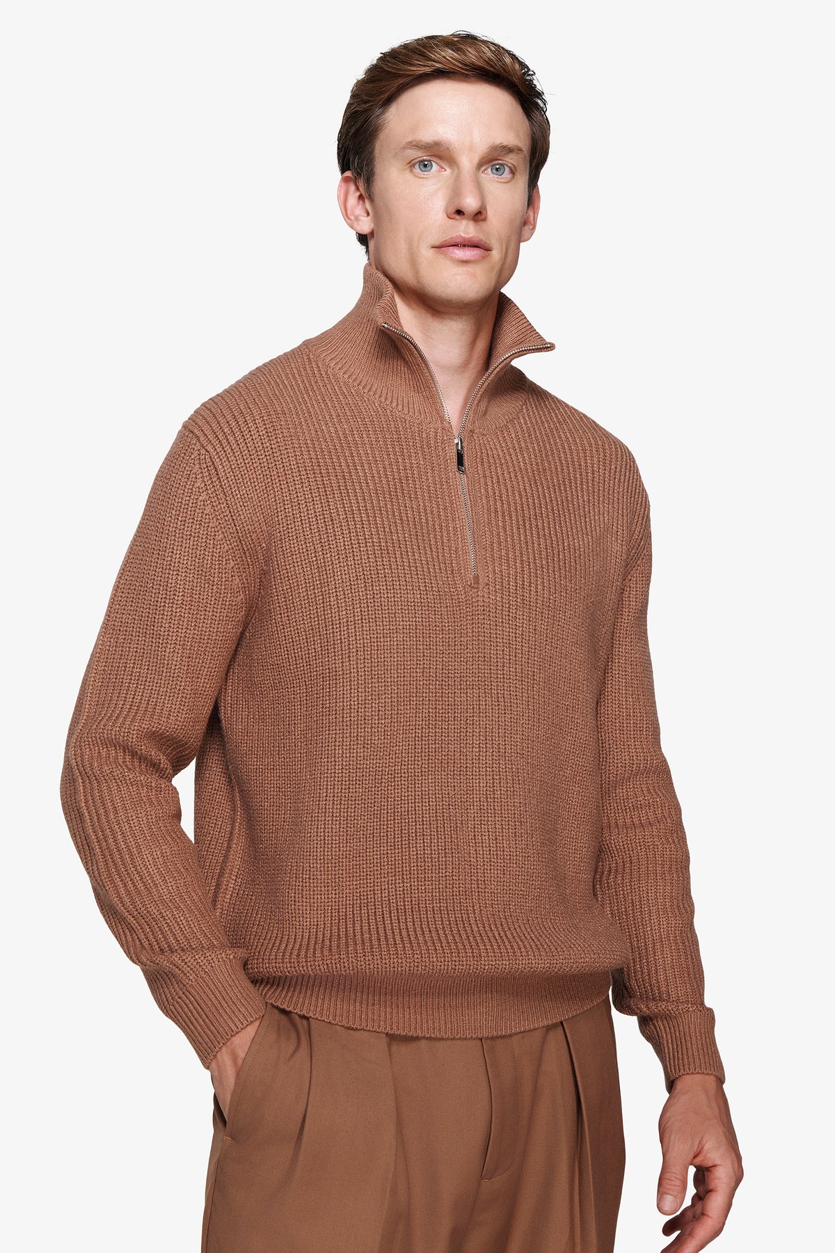 Maglia half zip cammello "Volume"