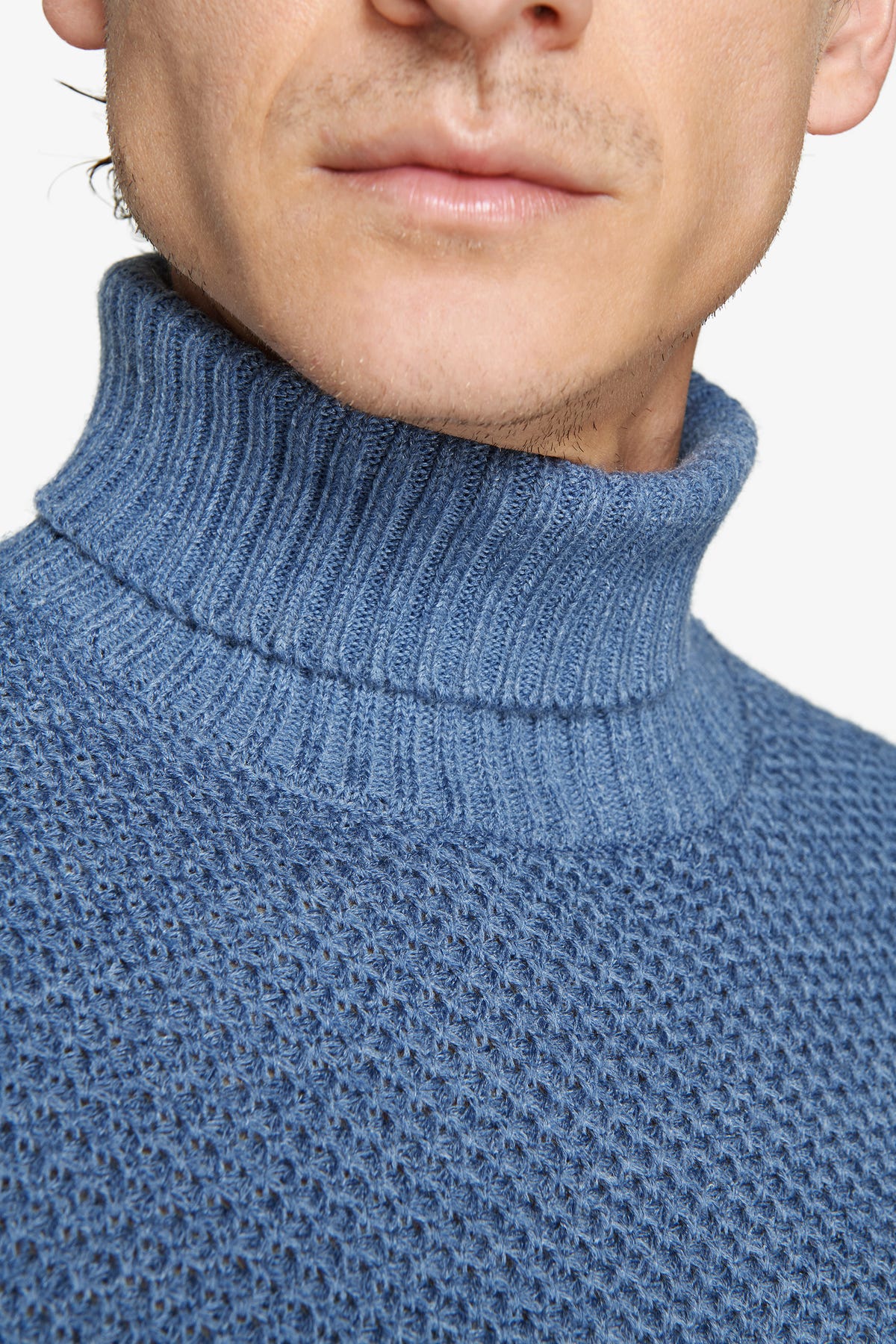 Powder blue basket-stitch turtleneck