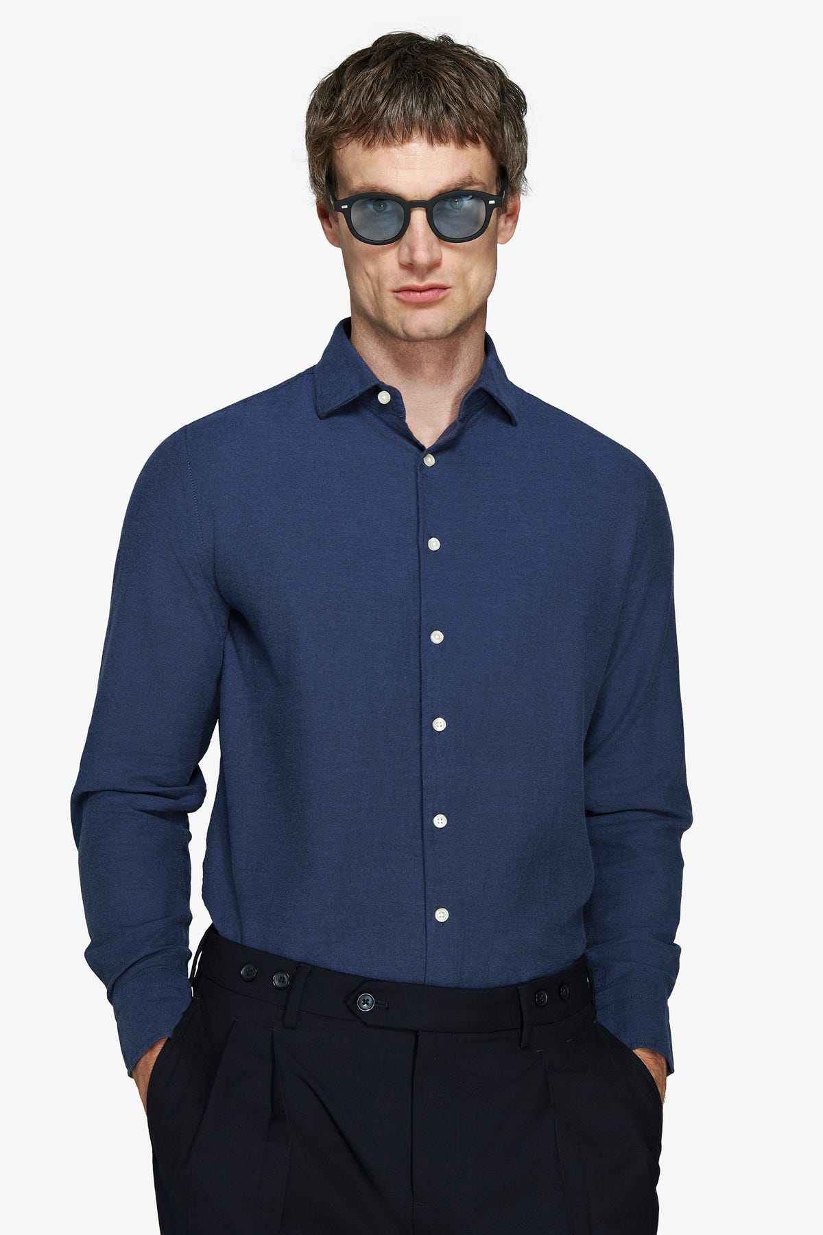 Blue fine-stripe leisure shirt