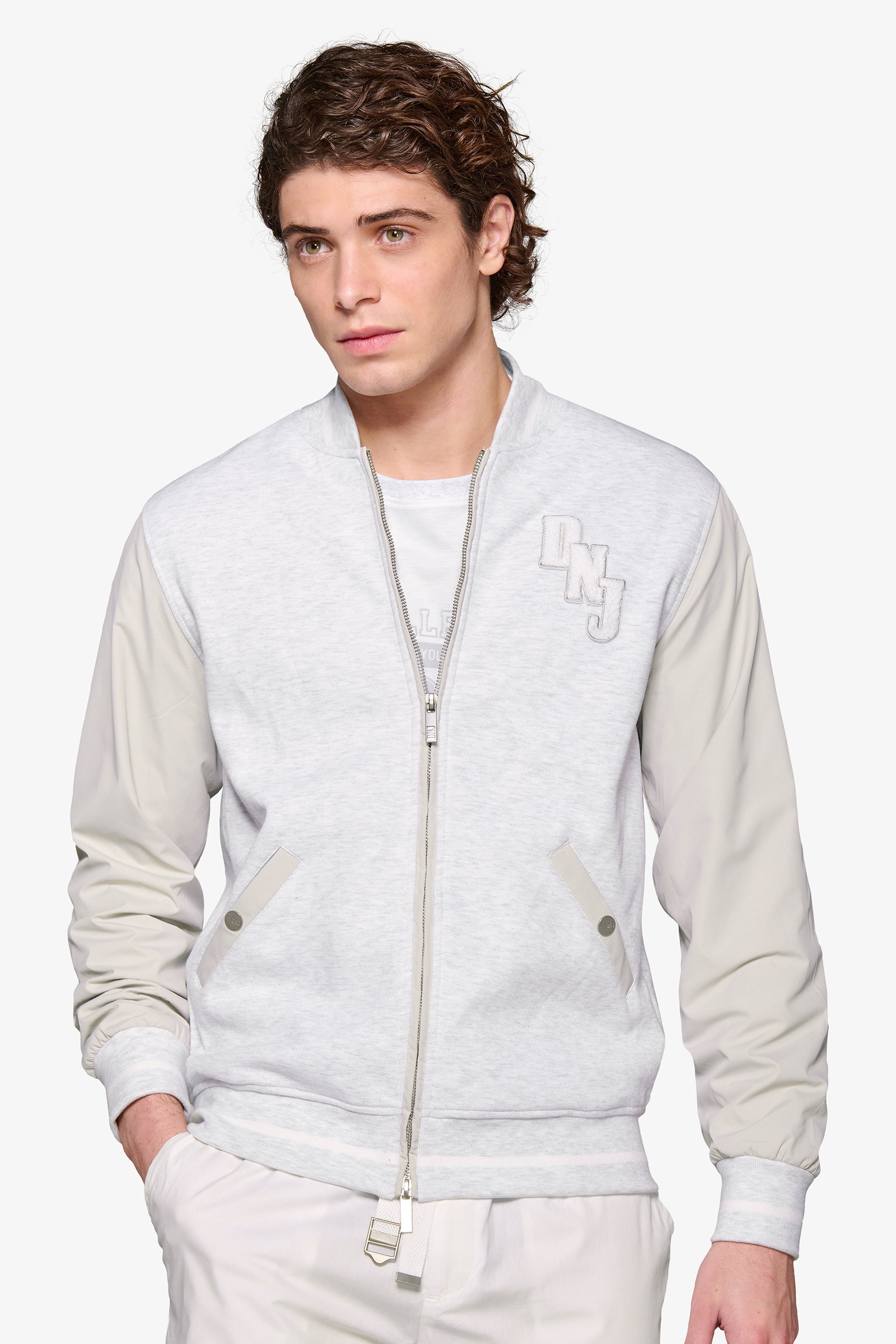 Bomber corto bimaterico DNJ grigio melange-Dan John