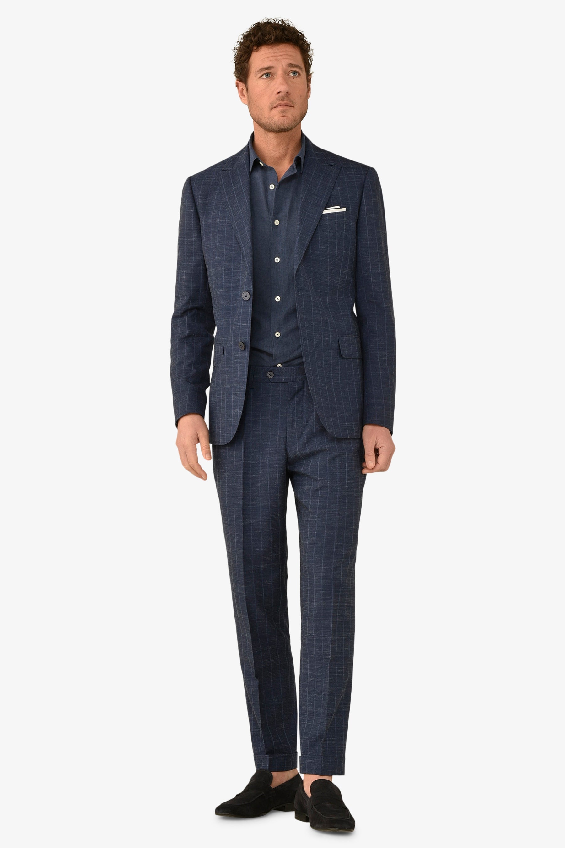 Giacca da abito gessata fiammata blu slim-Dan John