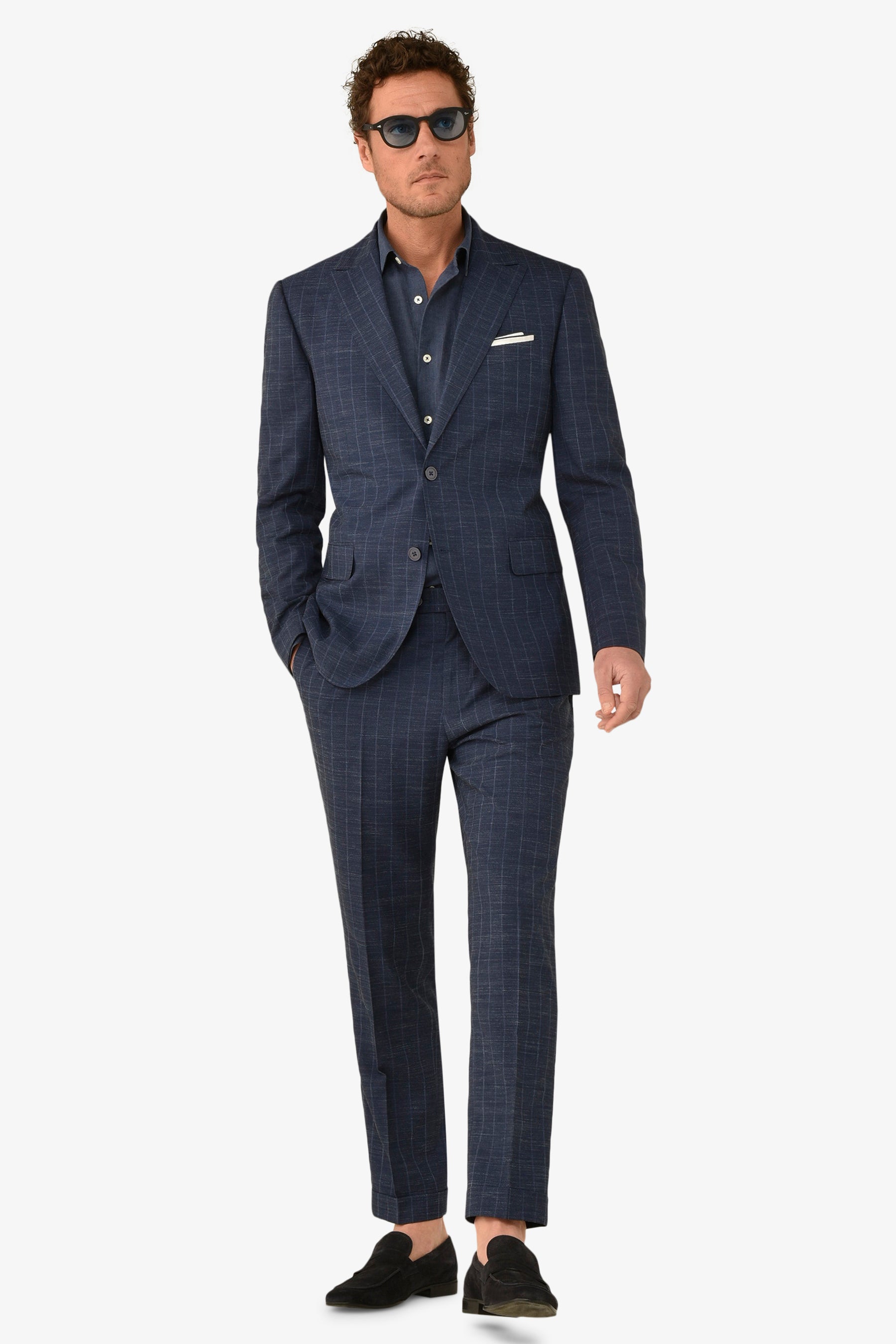 Giacca da abito gessata fiammata blu slim-Dan John