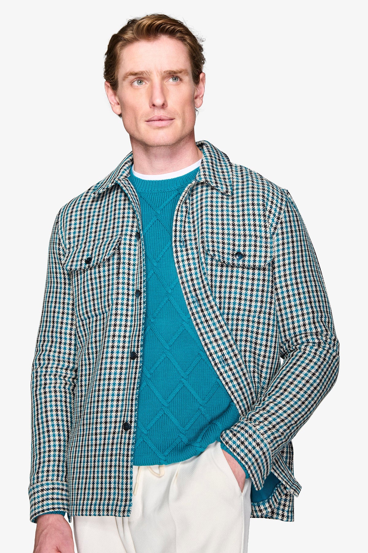 Overshirt Pied de Poule petrolio "Olden"-Dan John