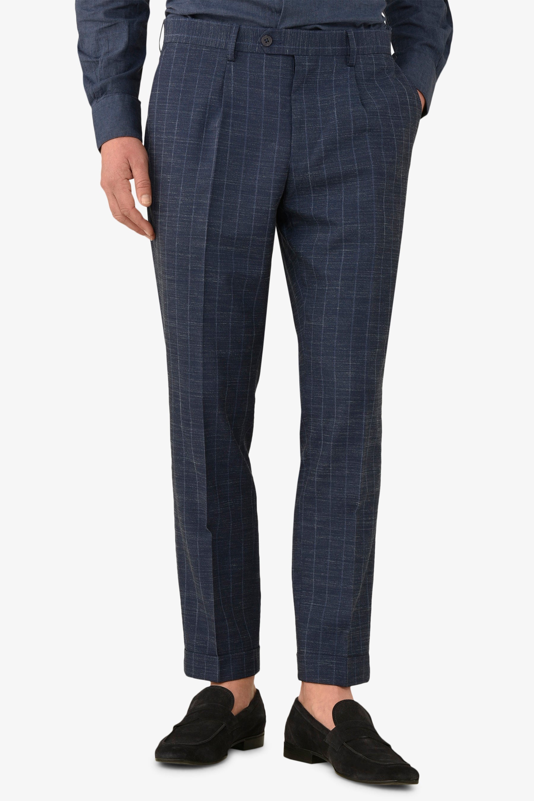 Pantalone da abito gessato fiammato blu slim-Dan John