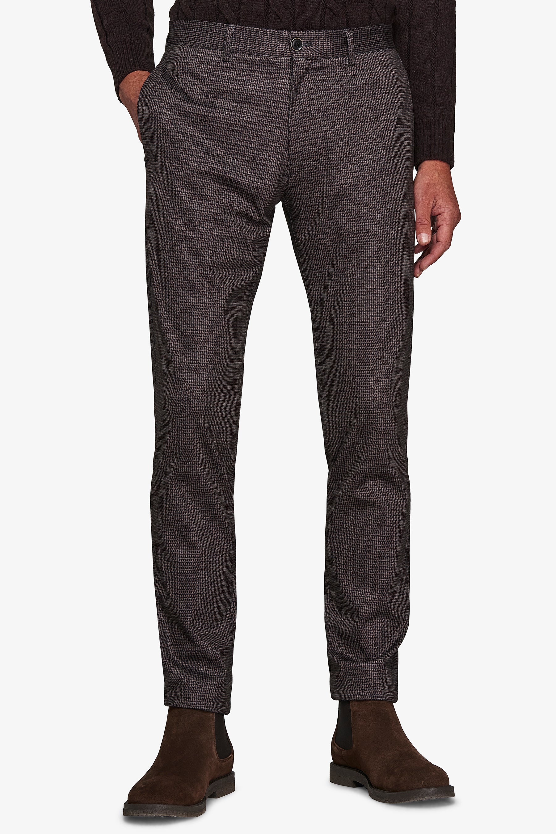 Pantaloni in jersey stretch pied de poule marrone-Dan John