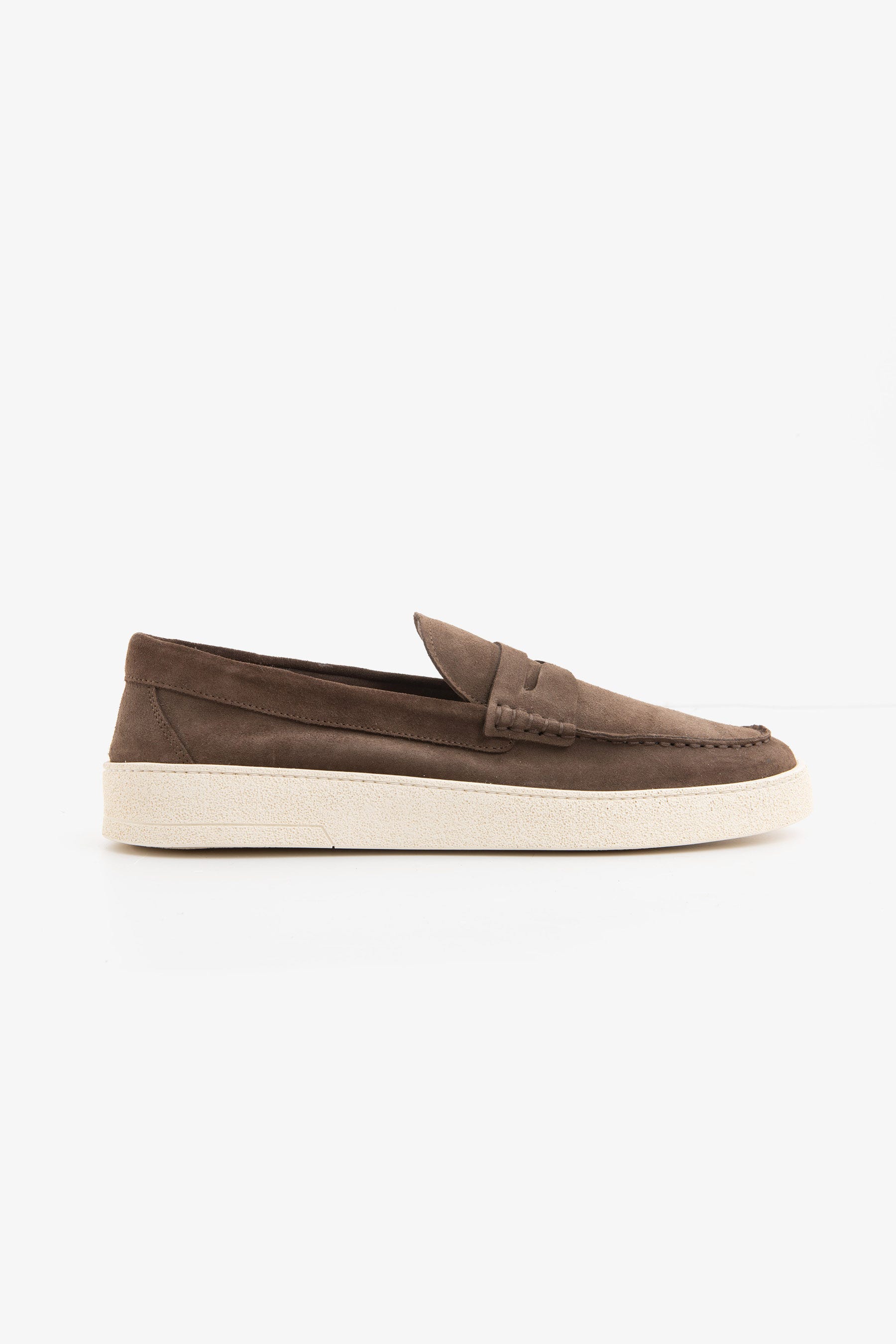 Taupe suede apron toe loafers