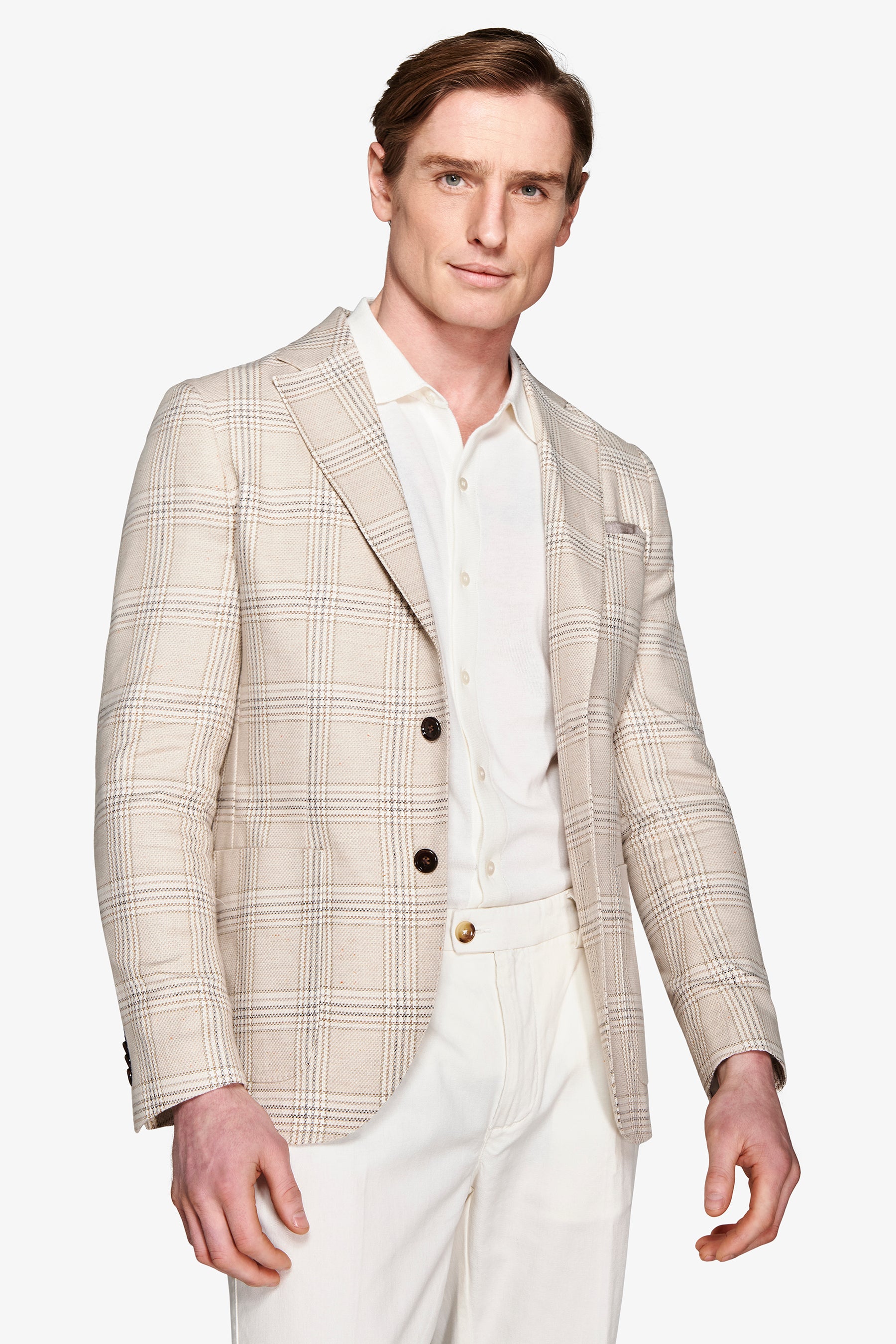 Jacke aus Leinenmischung mit grobem Karomuster in Sandfarbe