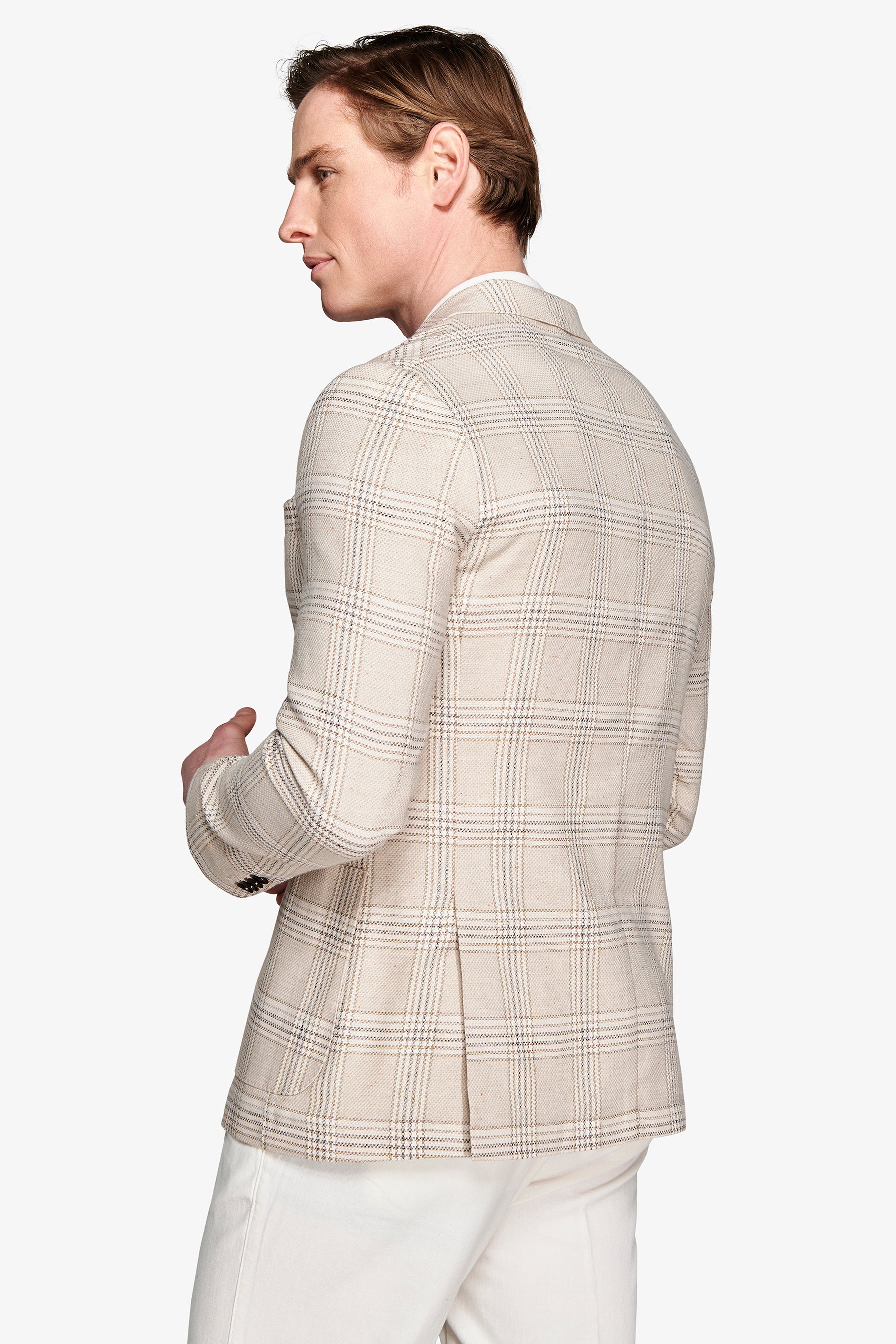 Jacke aus Leinenmischung mit grobem Karomuster in Sandfarbe