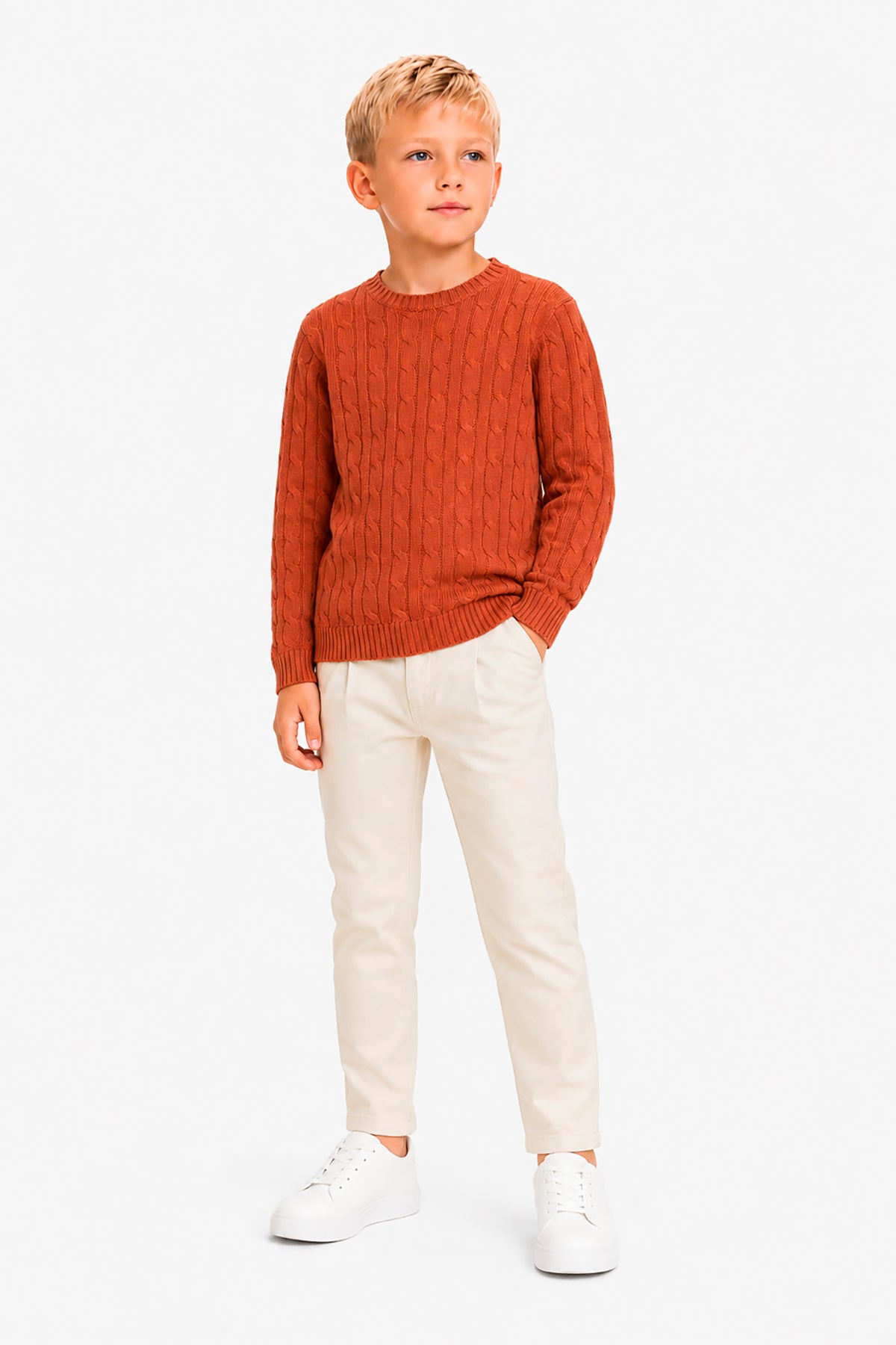 Rundhalspullover mit Zopfmuster in Orange Kids