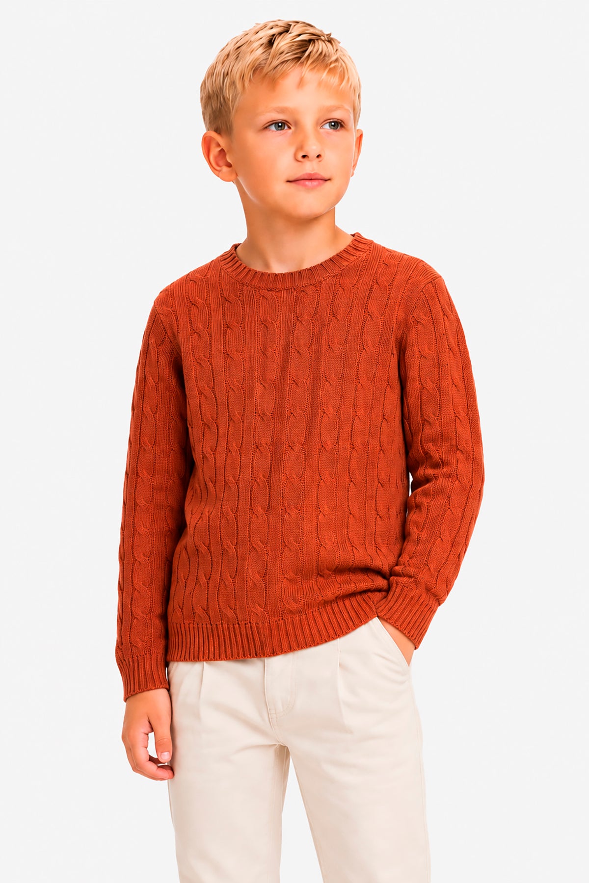 Rundhalspullover mit Zopfmuster in Orange Kids
