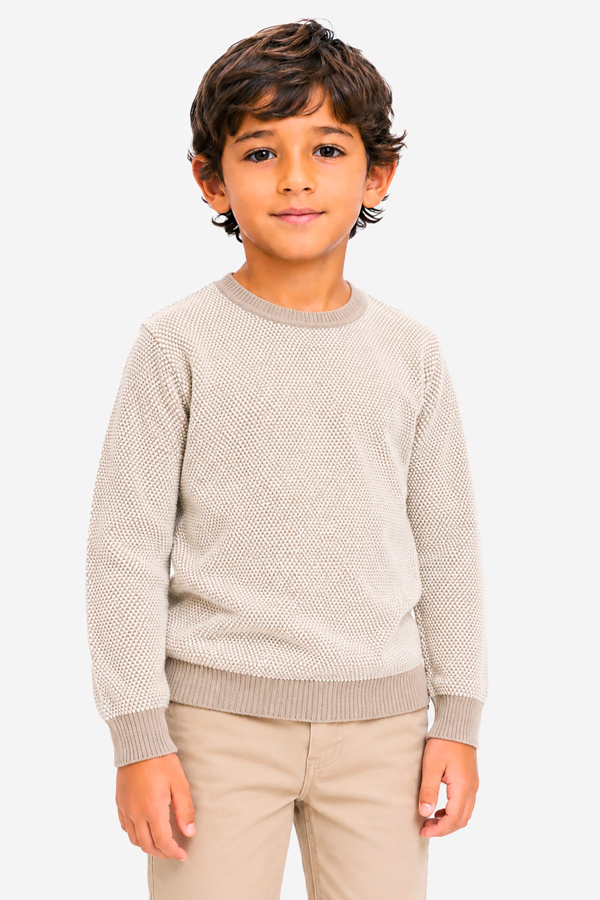 KIDS Beige rice stitch crewneck sweater